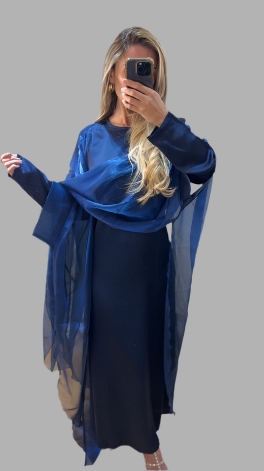 Satin Slip Dress with Chiffon Iridescent Waterfall Cape