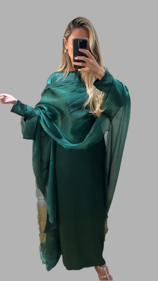 Satin Slip Dress with Chiffon Iridescent Waterfall Cape