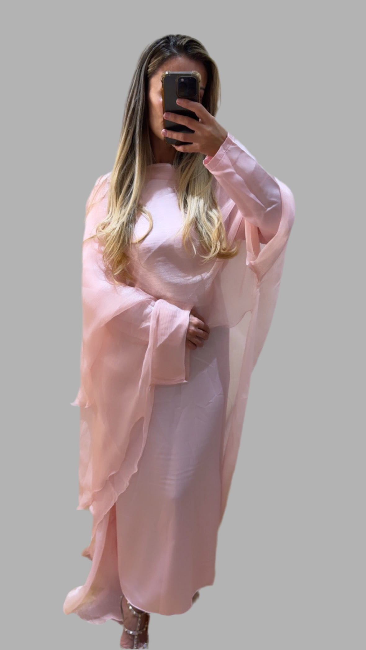 Satin Slip Dress with Chiffon Iridescent Waterfall Cape