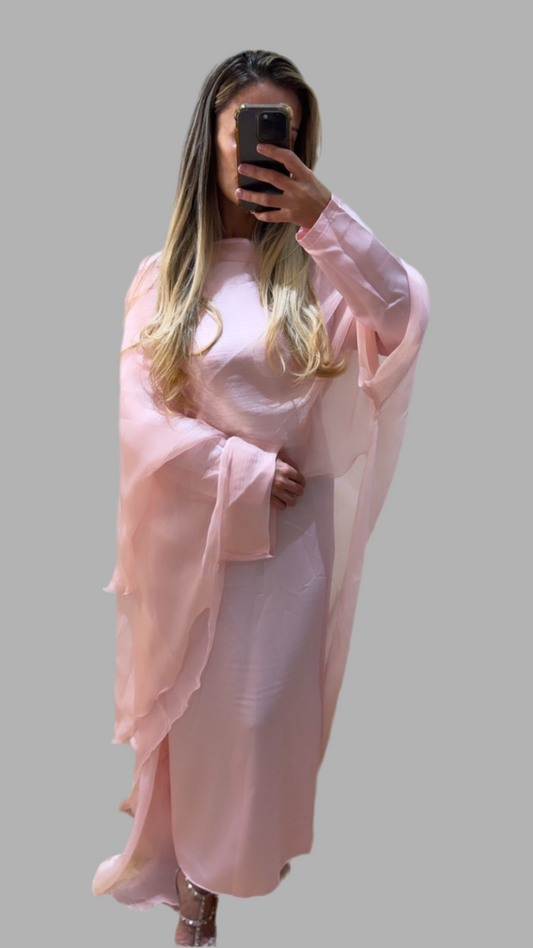 Satin Slip Dress with Chiffon Iridescent Waterfall Cape